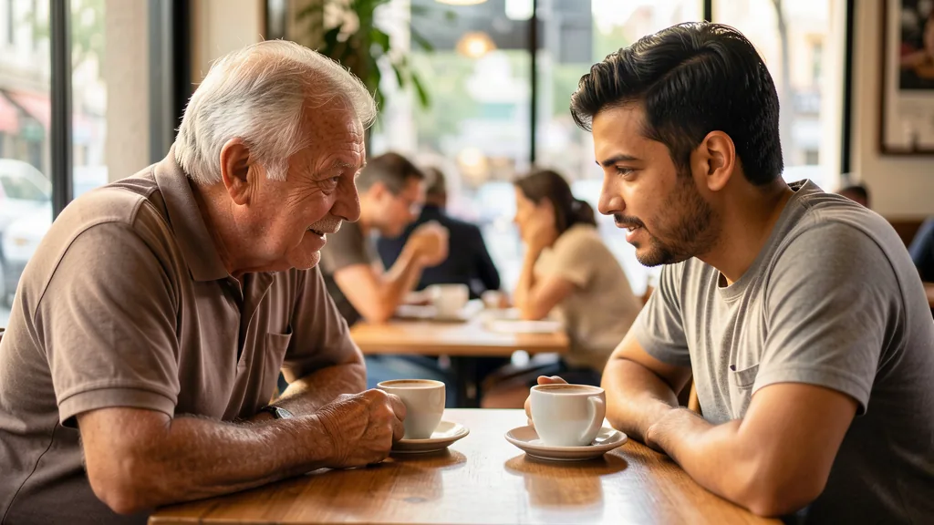 Two men reviewing the week over coffee